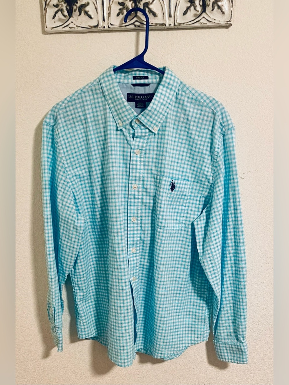 U.S. Polo Assn. Button-Down Long Sleeve Shirt Teal Check Stretch Men’s Preppy XL